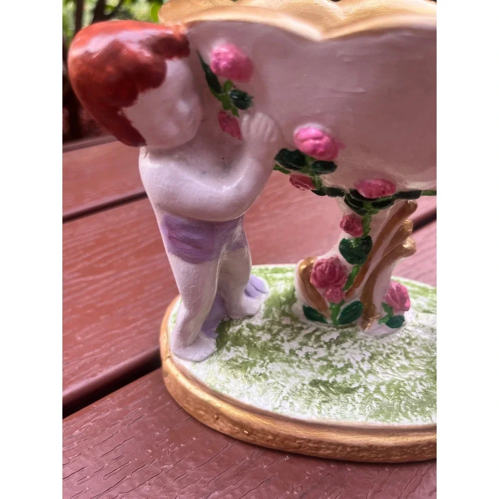 Vintage Style Hand Painted Ceramic Cherub Compote Trinket Bowl Gold Pink Roses